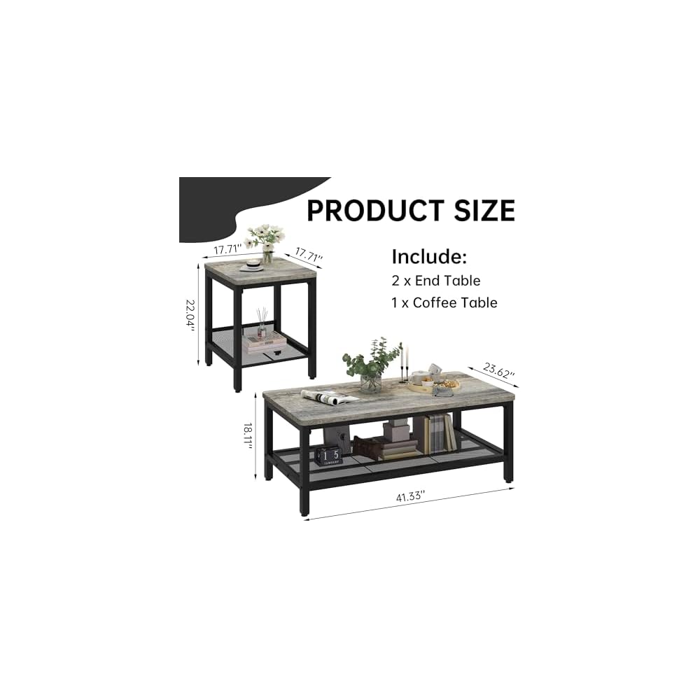 Lamerge Coffee Table Set of 3 Coffee Table and end Table Sets, Modern Metal Frame Living Room Center Table for Small Apartment Home Office（Gray）