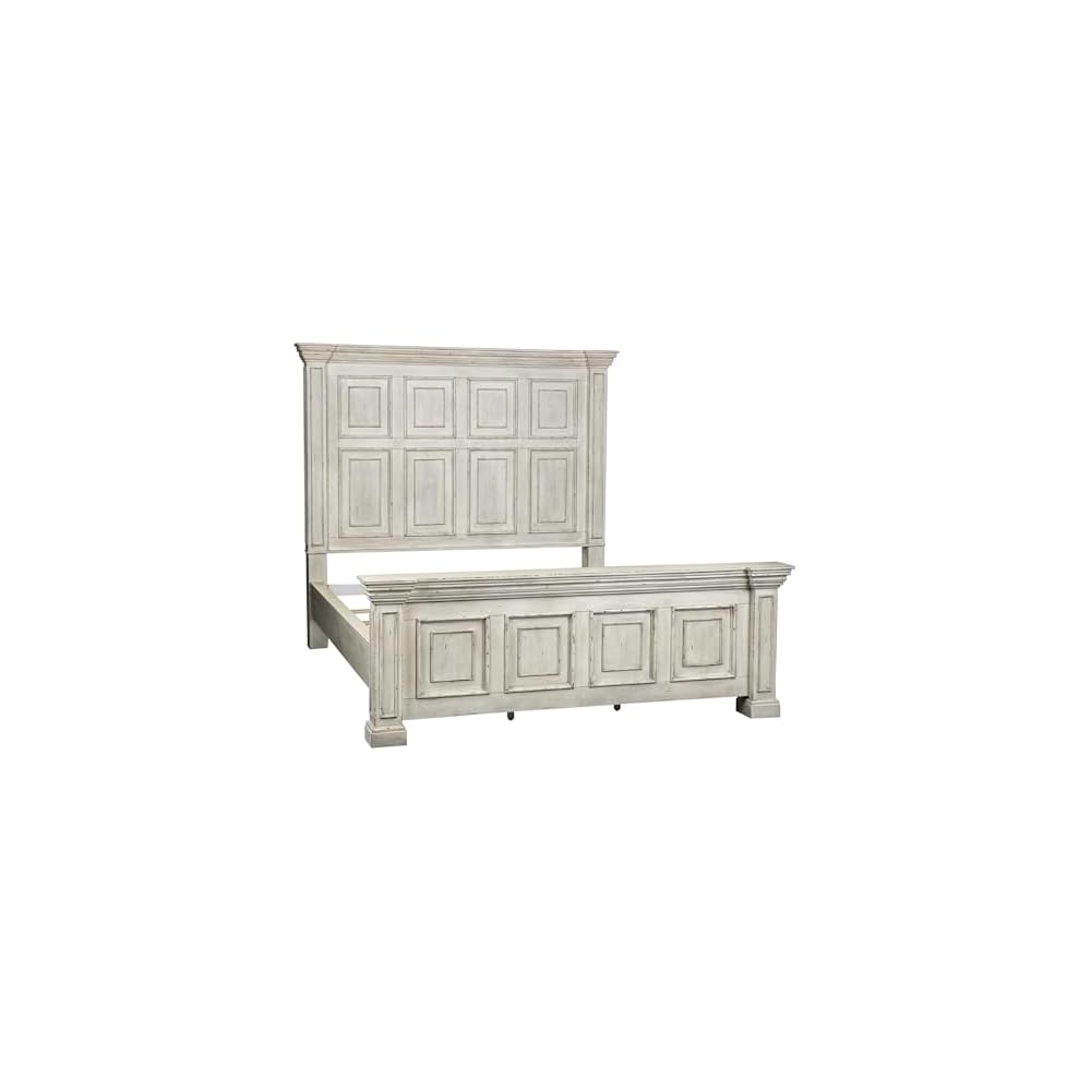 Liberty Furniture Big Valley California King Panel Bed Traditional Bedroom Wood Bed Frame - Distressed Whitestone Birch Wood
