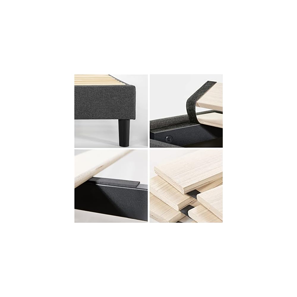 Zinus Curtis Upholstered Platform Bed Frame, Mattress Foundation, Wood Slat Support, No Box Spring Needed, Easy Assembly, Grey, Queen