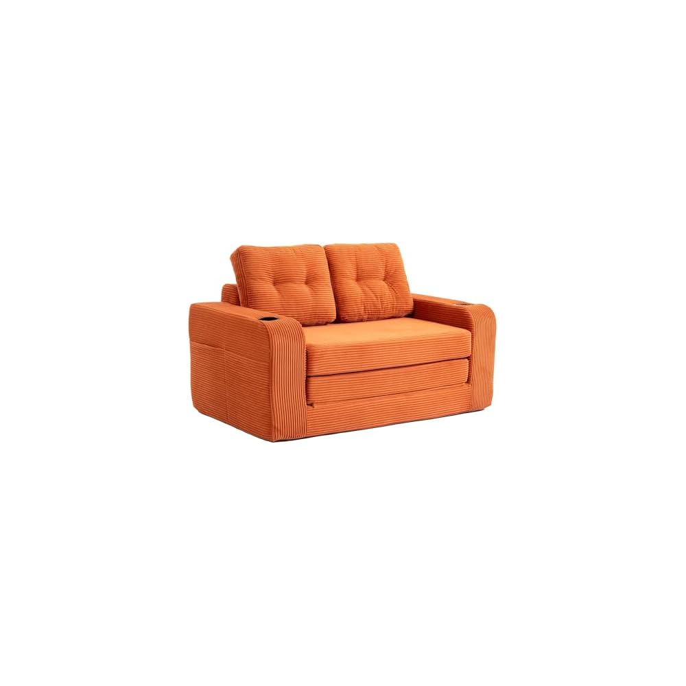 Boneless Loveseat Couch, 2 in 1 Convertible Sofa Bed with Pillows, Foldable Couch for Small Spaces Bedroom, Loveseat Sleeper Sofa Bed with Two Cup Holders for Living Room, Corduroy (Orange)