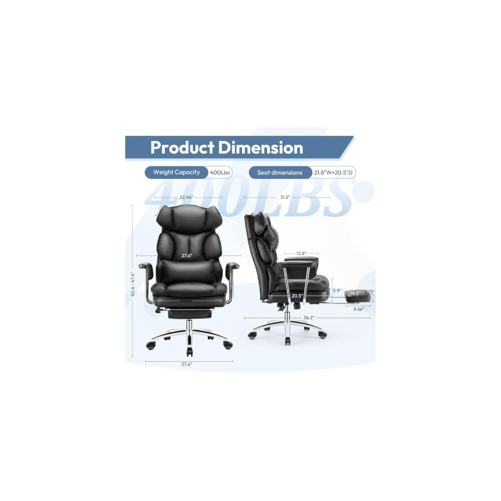 Big and Tall Office Chair, Ergonomic Leather Recliner Computer Chair, Black