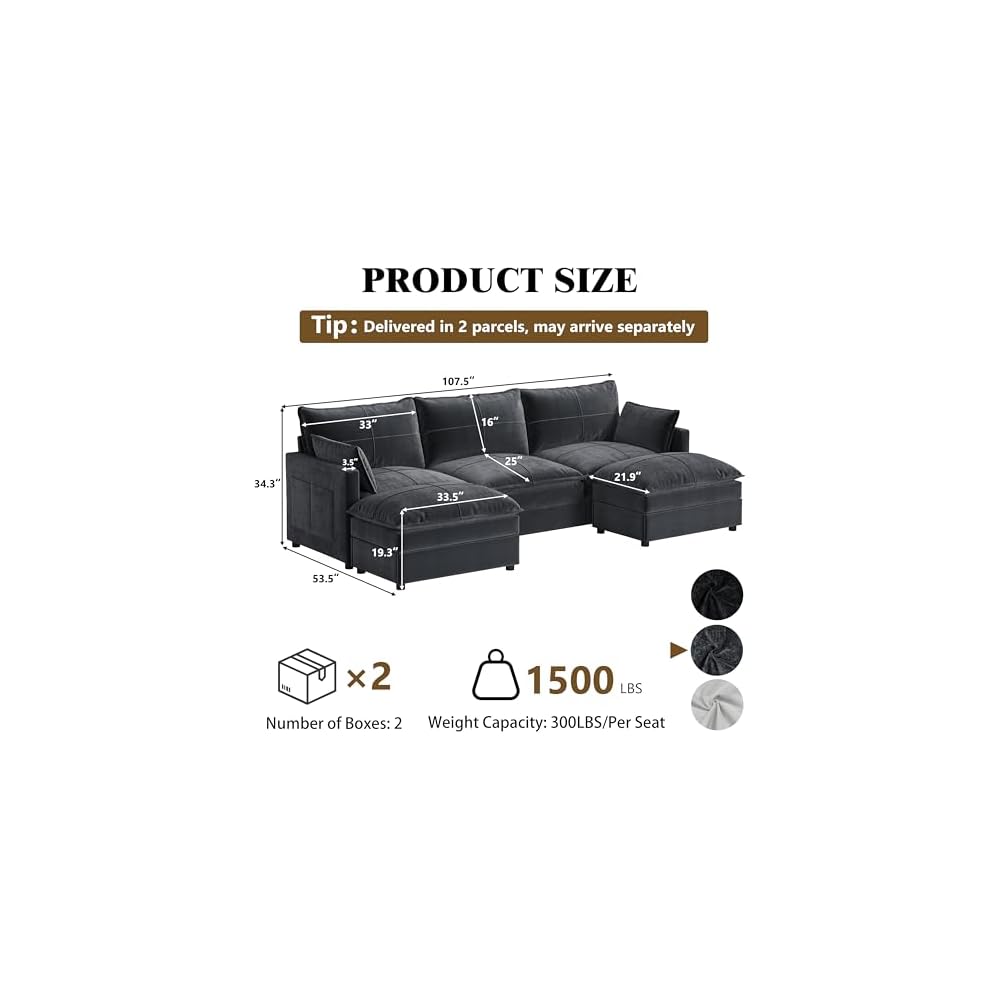 Xixini 108" U-Shaped Modular Sectional Sofa, 5-Seat, Grey