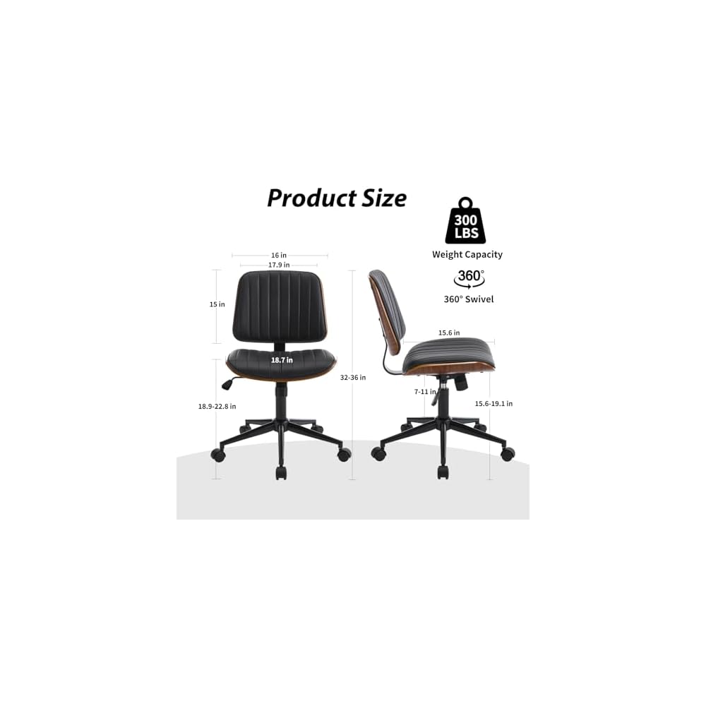 Armless Rolling Office Desk Chair, Adjustable Height Computer Chair, Black
