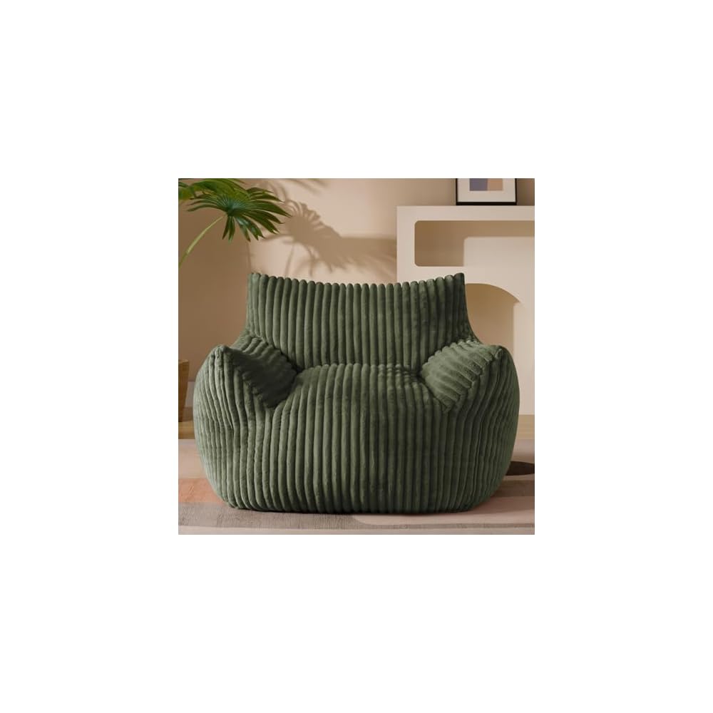 Gericco Giant Plush Bean Bag Chair for Adults with Armrests - Oversized Comfy Green Beanbag Lounge Lazy Floor Sofa Accent Chair for Living Room, Bedroom & Dorm, Cozy Fluffy Single Cloud Mini Couch