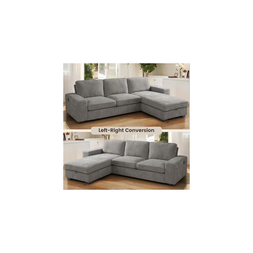 PARKOL 99" L-Shaped Sectional Couch with Storage, Sofa with Reversible Chaise, USB Type-C Charging, Chenille Fabric, Removable Cushion Covers, for Small Space, Apartment, Living Room, Light Gray