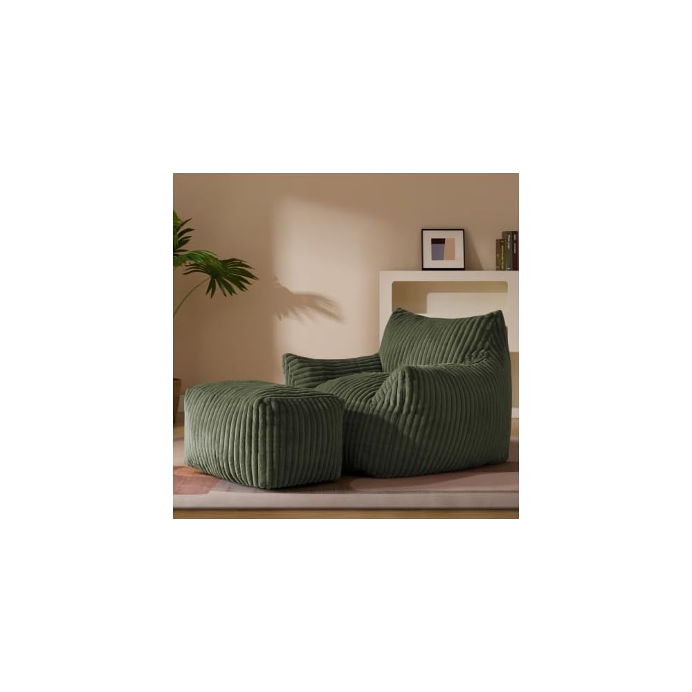Gericco Giant Plush Bean Bag Chair for Adults with Armrests - Oversized Comfy Green Beanbag Lounge Lazy Floor Sofa Accent Chair for Living Room, Bedroom & Dorm, Cozy Fluffy Single Cloud Mini Couch