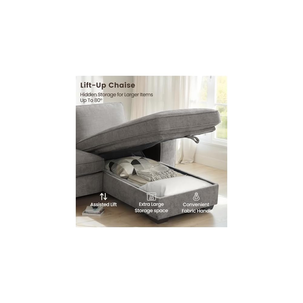 PARKOL 99" L-Shaped Sectional Couch with Storage, Sofa with Reversible Chaise, USB Type-C Charging, Chenille Fabric, Removable Cushion Covers, for Small Space, Apartment, Living Room, Light Gray