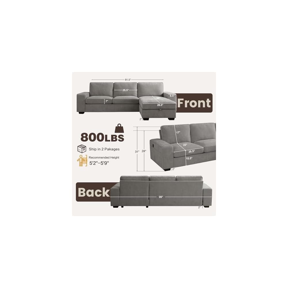 PARKOL 99" L-Shaped Sectional Couch with Storage, Sofa with Reversible Chaise, USB Type-C Charging, Chenille Fabric, Removable Cushion Covers, for Small Space, Apartment, Living Room, Light Gray