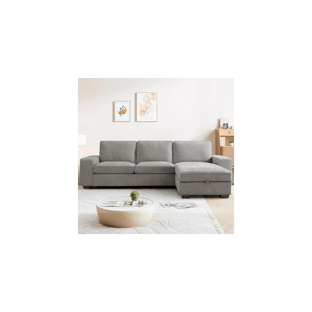 PARKOL 99" L-Shaped Sectional Couch with Storage, Sofa with Reversible Chaise, USB Type-C Charging, Chenille Fabric, Removable Cushion Covers, for Small Space, Apartment, Living Room, Light Gray