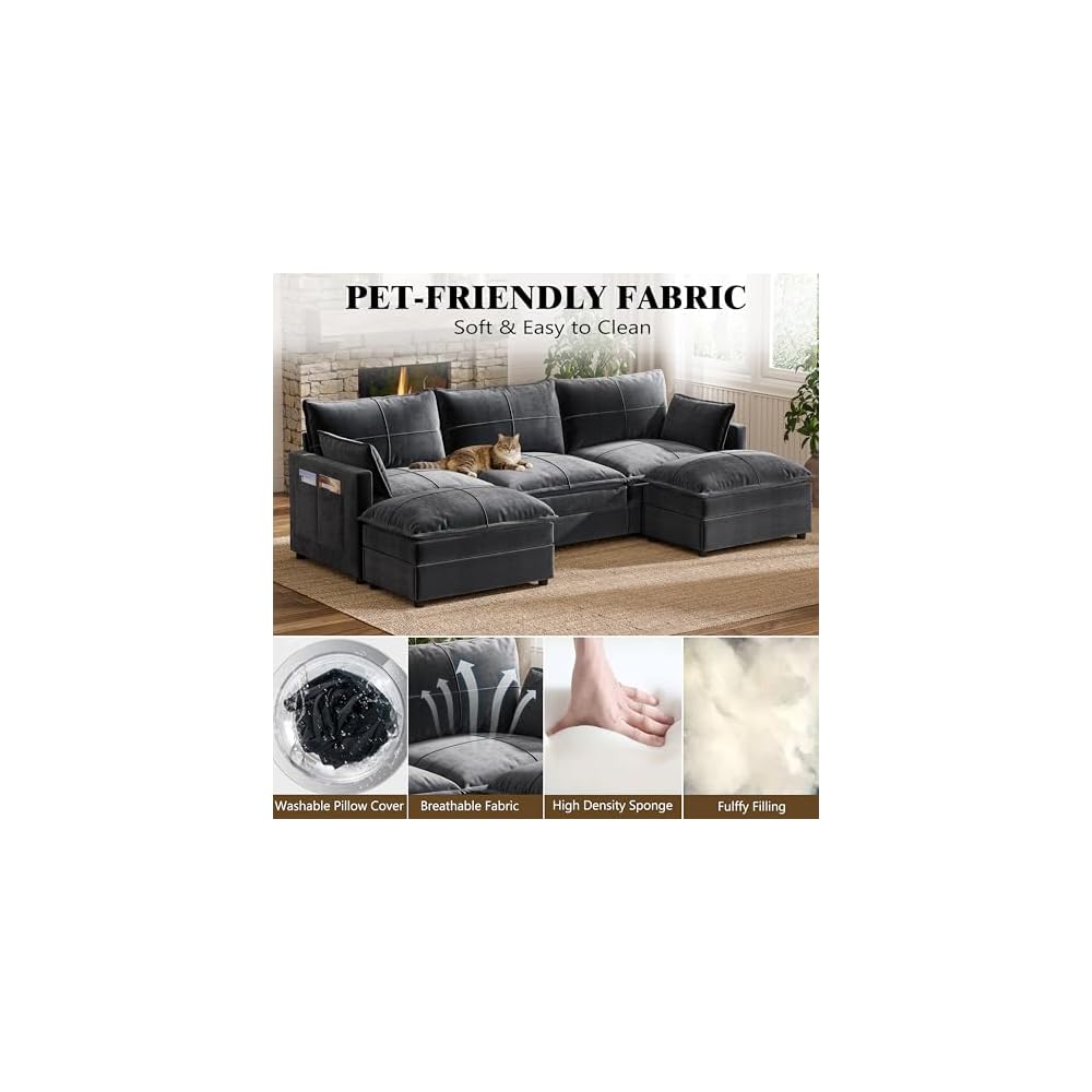 Xixini 108" U-Shaped Modular Sectional Sofa, 5-Seat, Grey