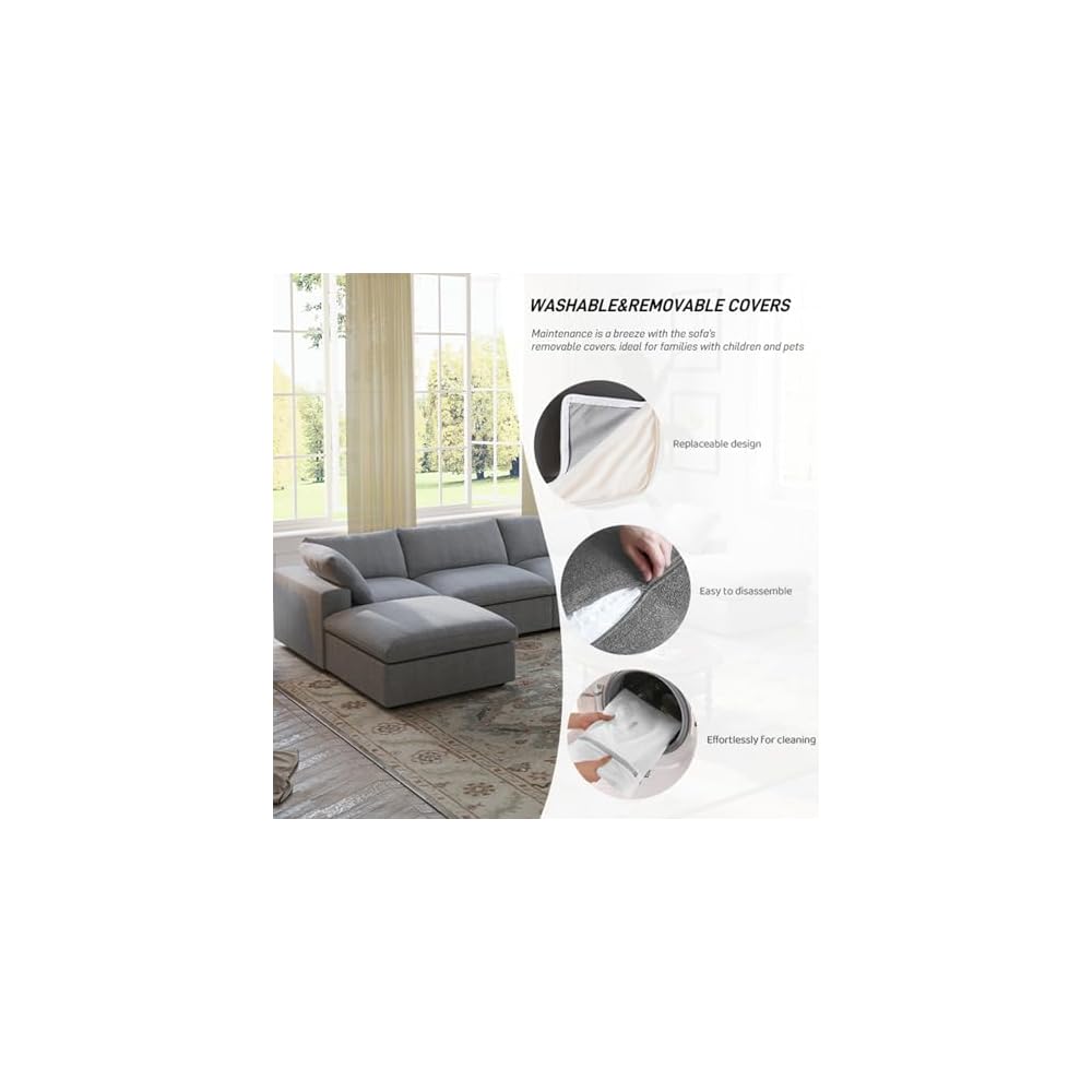 Cloud Modular Sectional Sofa Couch with Storage Ottoman,120.45" L Shaped Convertible Couches for Living Room,Minimalist Deep Sofa Couches,Sofa Covers Washable&Replaceable(Grey)