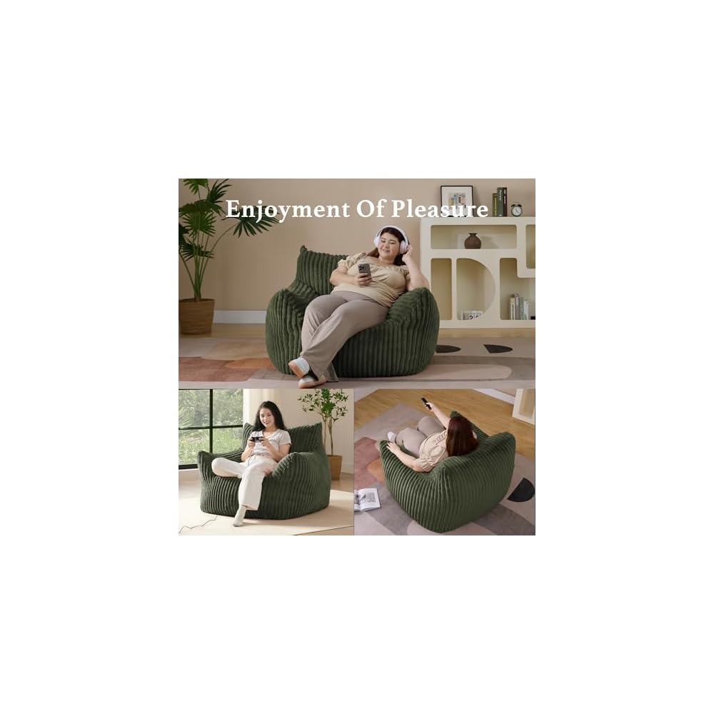 Gericco Giant Plush Bean Bag Chair for Adults with Armrests - Oversized Comfy Green Beanbag Lounge Lazy Floor Sofa Accent Chair for Living Room, Bedroom & Dorm, Cozy Fluffy Single Cloud Mini Couch