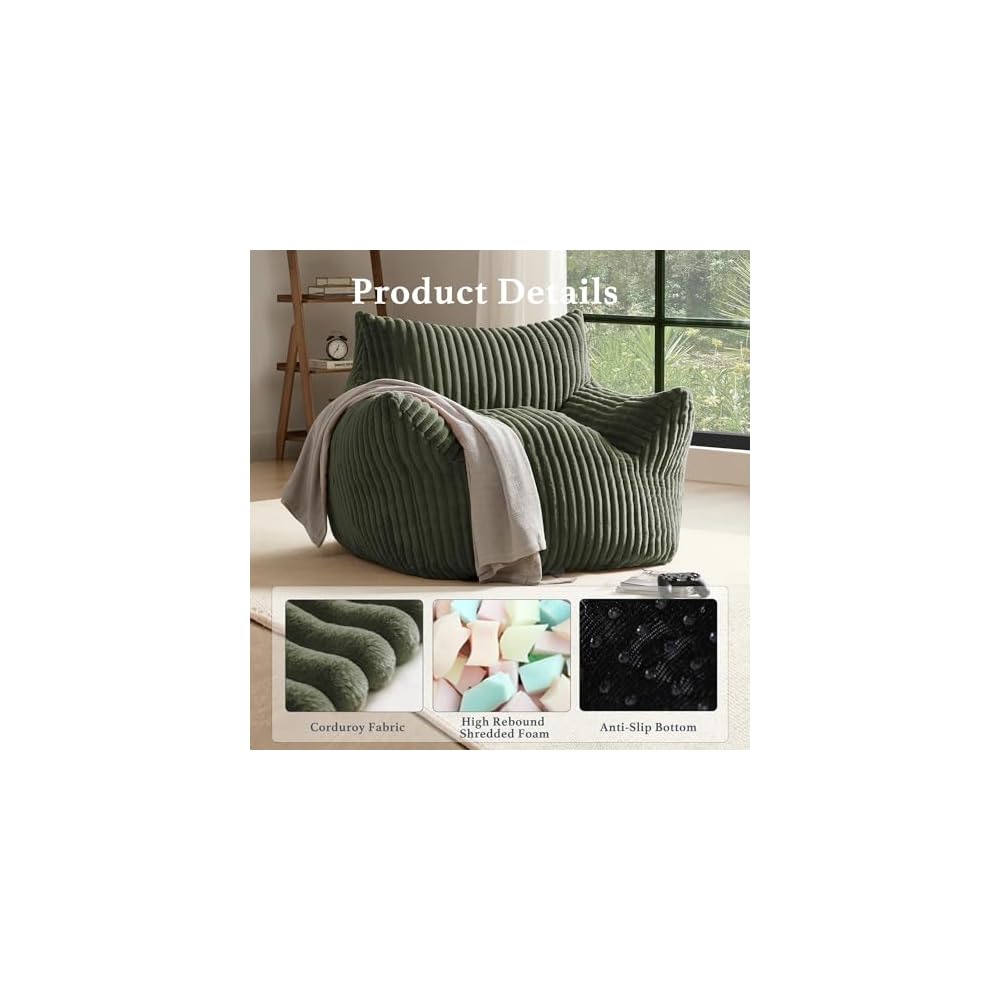 Gericco Giant Plush Bean Bag Chair for Adults with Armrests - Oversized Comfy Green Beanbag Lounge Lazy Floor Sofa Accent Chair for Living Room, Bedroom & Dorm, Cozy Fluffy Single Cloud Mini Couch