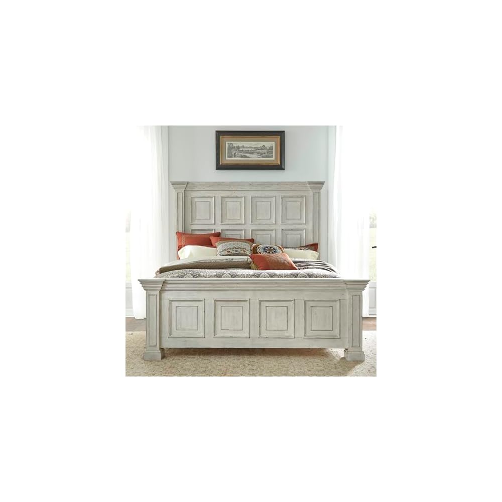 Liberty Furniture Big Valley California King Panel Bed Traditional Bedroom Wood Bed Frame - Distressed Whitestone Birch Wood