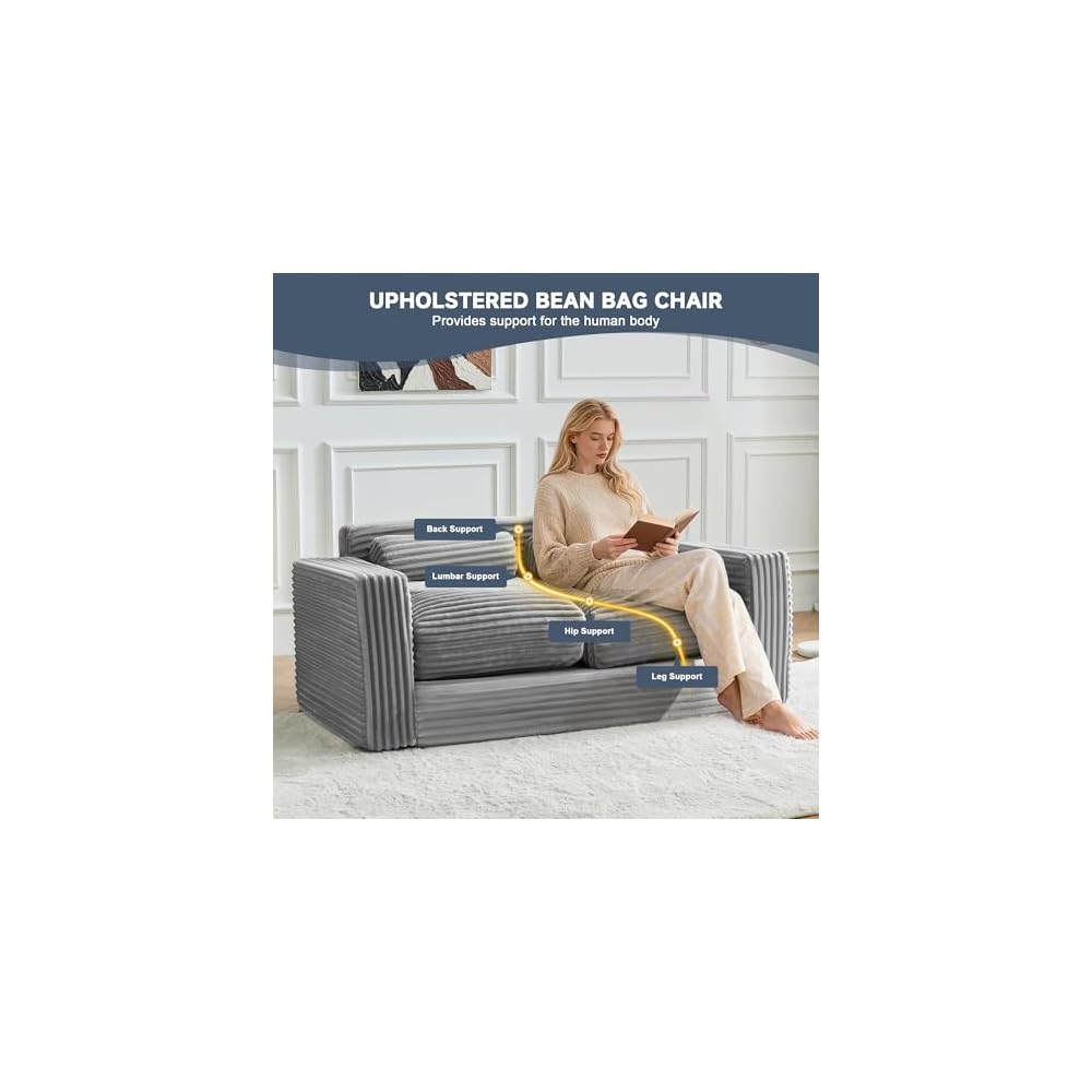 Bean Bag Chair, Two-seat Bean Bag Sofa with Pillows and Armrests for Adults (Grey, Loveseat-Standard)
