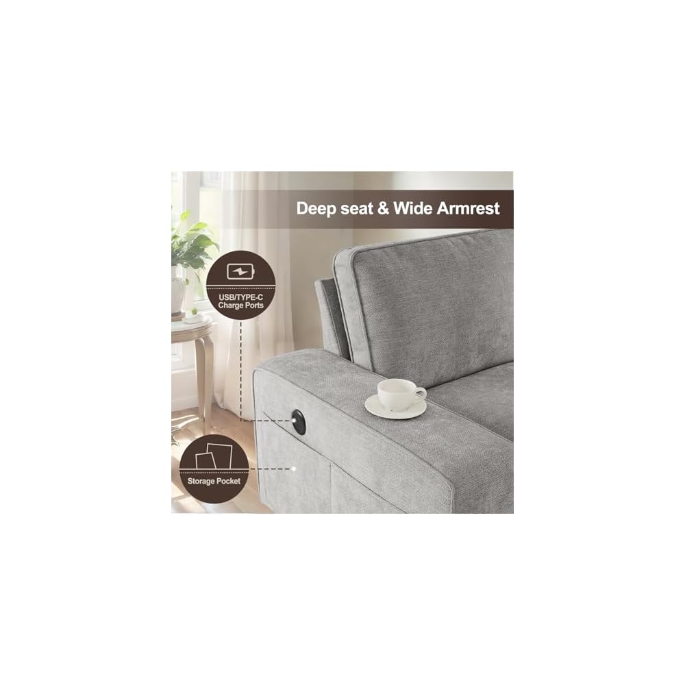 PARKOL 99" L-Shaped Sectional Couch with Storage, Sofa with Reversible Chaise, USB Type-C Charging, Chenille Fabric, Removable Cushion Covers, for Small Space, Apartment, Living Room, Light Gray