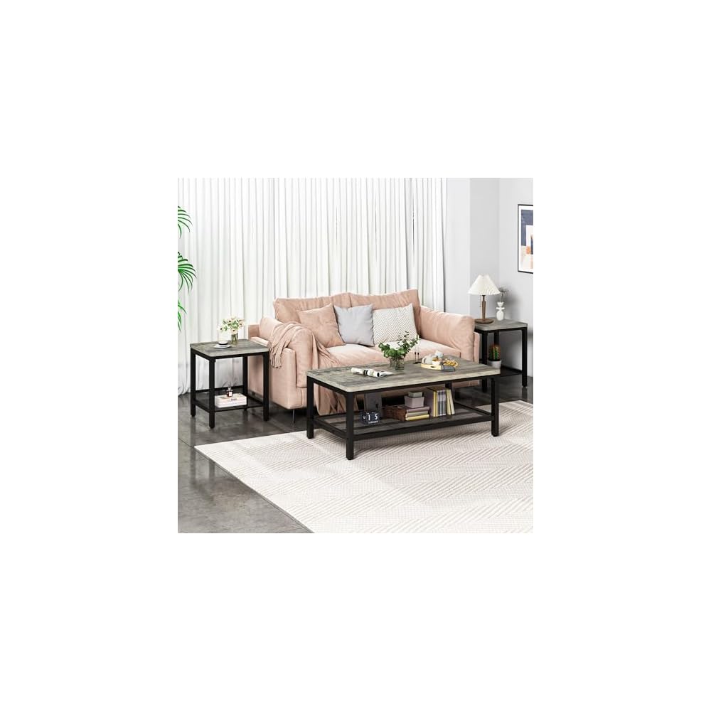 Lamerge Coffee Table Set of 3 Coffee Table and end Table Sets, Modern Metal Frame Living Room Center Table for Small Apartment Home Office（Gray）