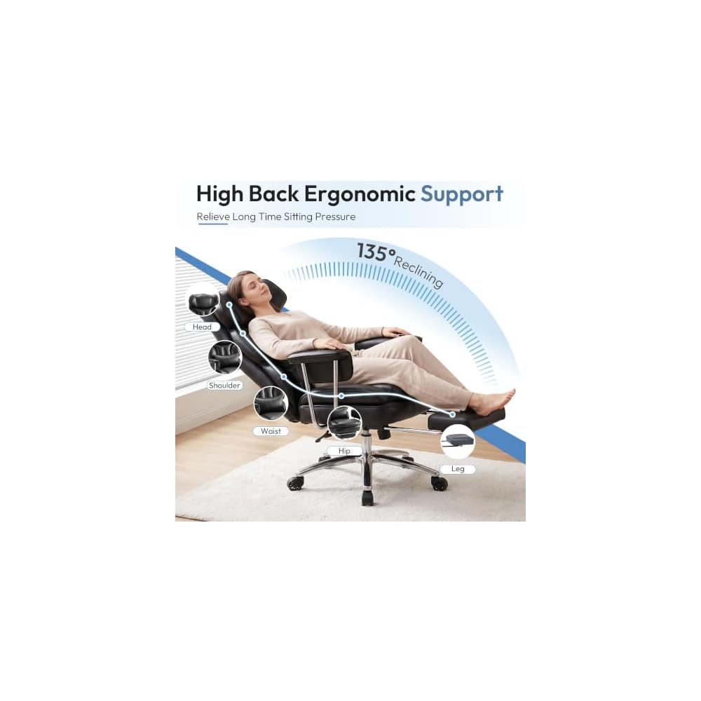 Big and Tall Office Chair, Ergonomic Leather Recliner Computer Chair, Black
