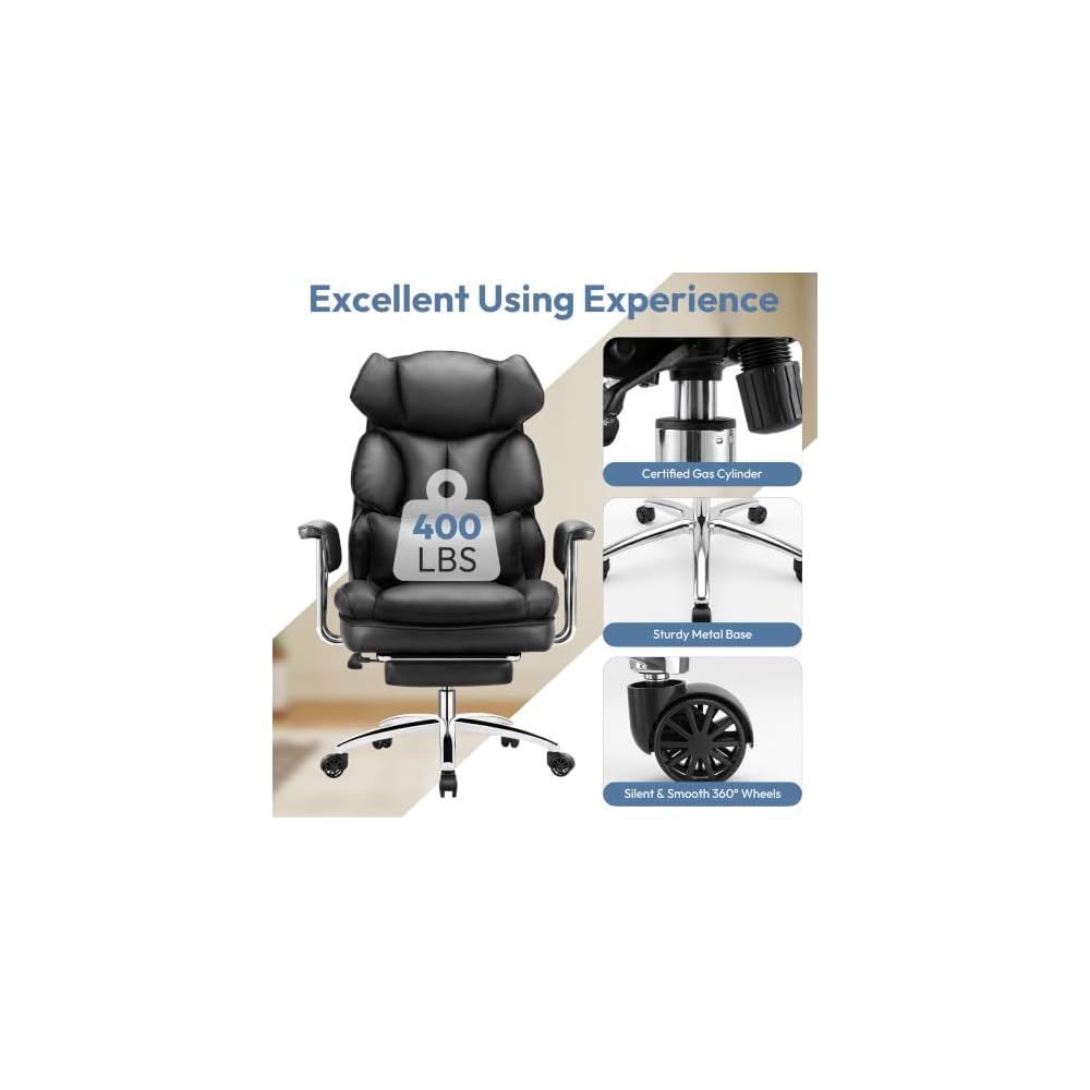 Big and Tall Office Chair, Ergonomic Leather Recliner Computer Chair, Black