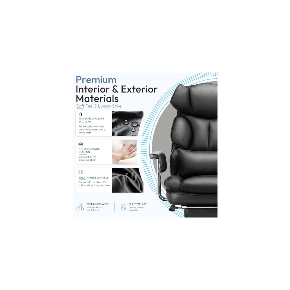 Big and Tall Office Chair, Ergonomic Leather Recliner Computer Chair, Black