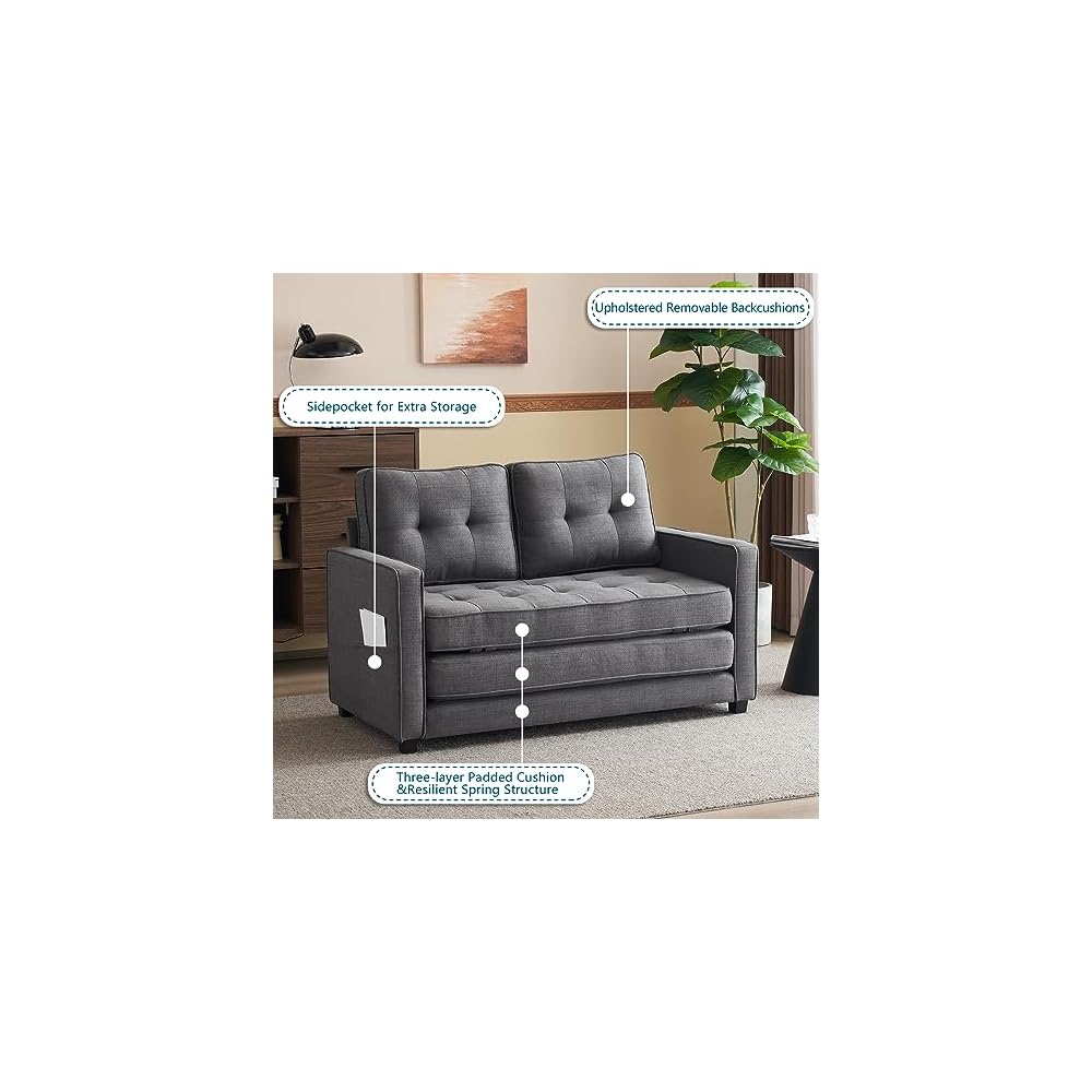 VINGLUpgraded Loveseat Sleeper, 53.5"W 83"L Convertible Sofa Bed Couch Futon Couches for Living Room, Twin Folding Couch Bed for Small Spaces, Foldable Floor Gaming Sofa Bed for Basement, Dark Grey