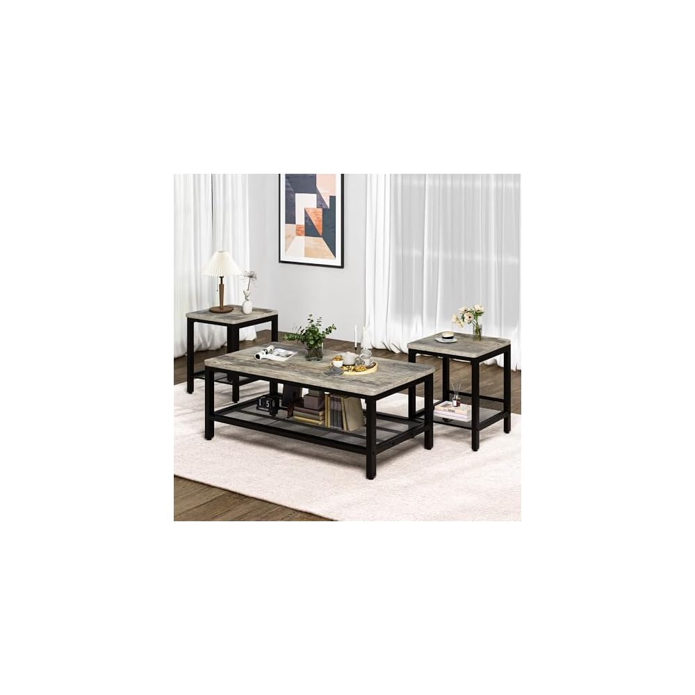 Lamerge Coffee Table Set of 3 Coffee Table and end Table Sets, Modern Metal Frame Living Room Center Table for Small Apartment Home Office（Gray）