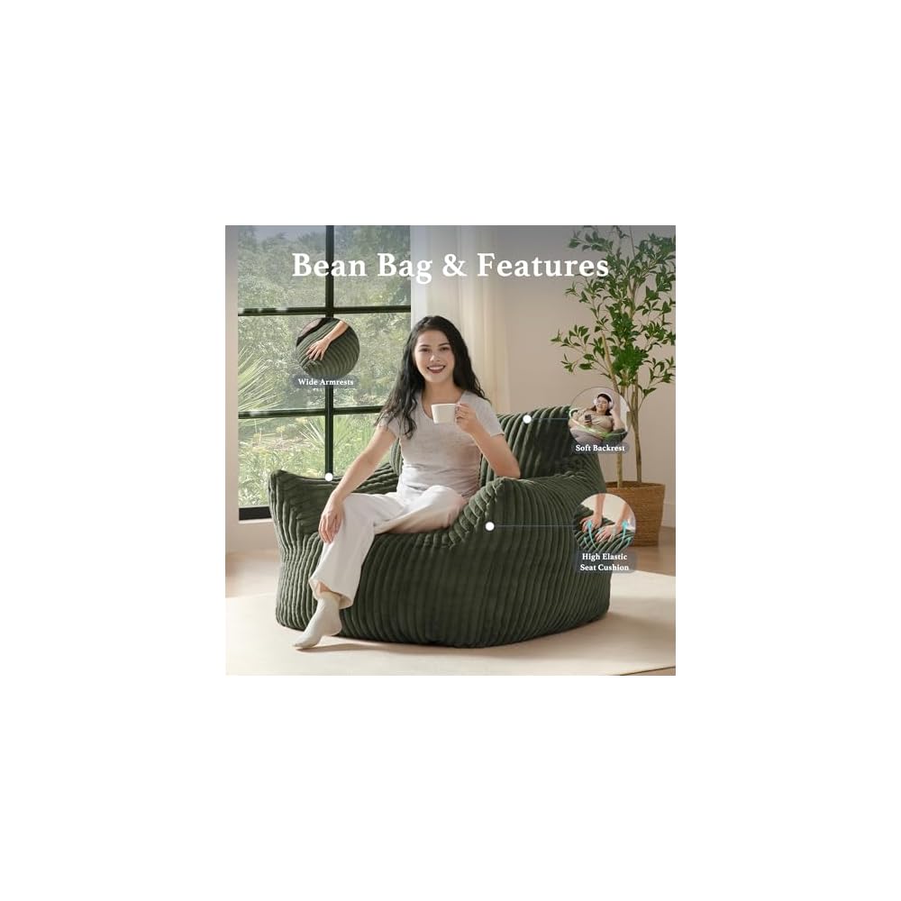 Gericco Giant Plush Bean Bag Chair for Adults with Armrests - Oversized Comfy Green Beanbag Lounge Lazy Floor Sofa Accent Chair for Living Room, Bedroom & Dorm, Cozy Fluffy Single Cloud Mini Couch