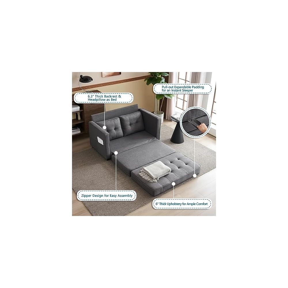 VINGLUpgraded Loveseat Sleeper, 53.5"W 83"L Convertible Sofa Bed Couch Futon Couches for Living Room, Twin Folding Couch Bed for Small Spaces, Foldable Floor Gaming Sofa Bed for Basement, Dark Grey
