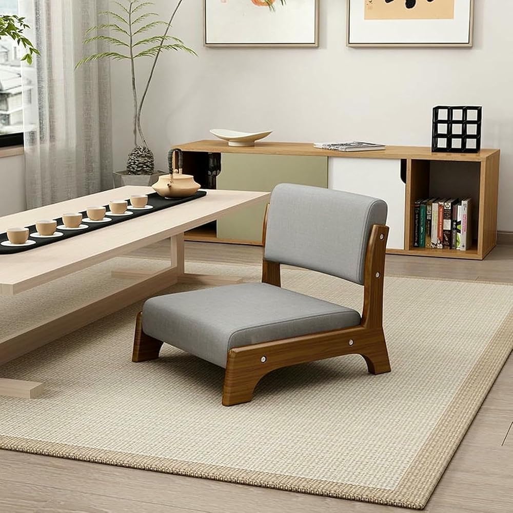 Japanese Floor Chair with Back Support,Low-Back Meditation Floor Seat with Soft Cushion,Portable Wood Armless Tatami Chair Meditation Living Room