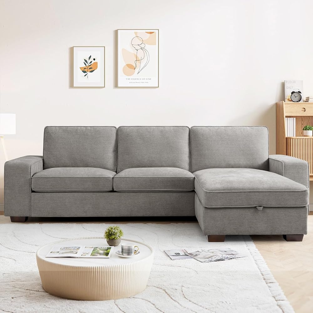 PARKOL 99" L-Shaped Sectional Couch with Storage, Sofa with Reversible Chaise, USB Type-C Charging, Chenille Fabric, Removable Cushion Covers, for Small Space, Apartment, Living Room, Light Gray