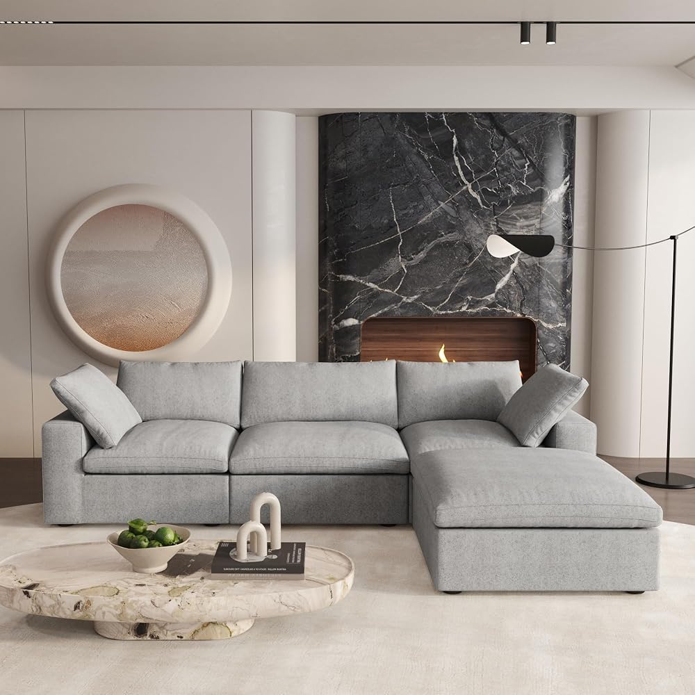 Cloud Modular Sectional Sofa Couch with Storage Ottoman,120.45" L Shaped Convertible Couches for Living Room,Minimalist Deep Sofa Couches,Sofa Covers Washable&Replaceable(Grey)