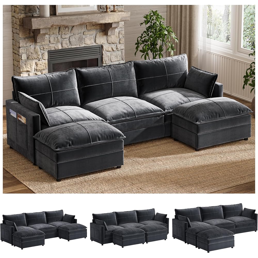 Xixini 108" U-Shaped Modular Sectional Sofa, 5-Seat, Grey